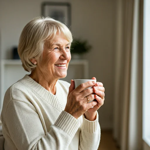 Adulto mayor sonriendo con una taza